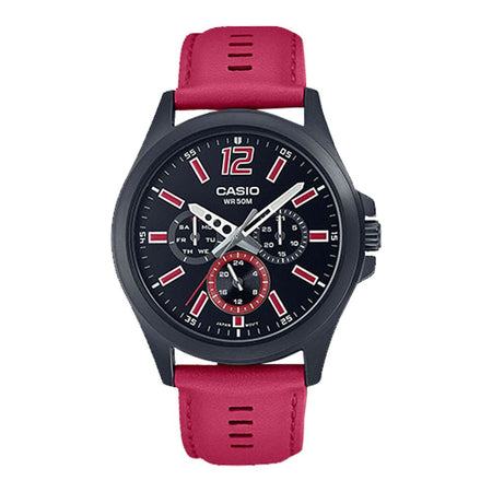 Casio WR-50M Men's Black Round Dial & Red Strap Chronograph Watch, MTP-E350BL-1BVDF - Main Image