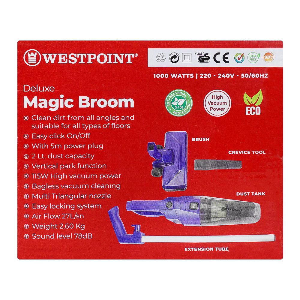 West Point Deluxe Magic Broom, 2 Liter Dust Capacity, 5m Cable, 115W Vacuum Power, WF-231 - Image 3