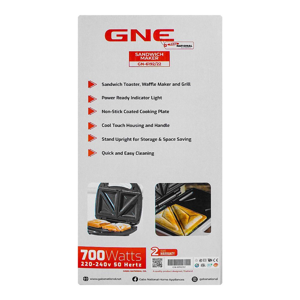 Gaba National Sandwich Maker 3 Steel Plates, 700W, GNE-6192/22 - Image 3