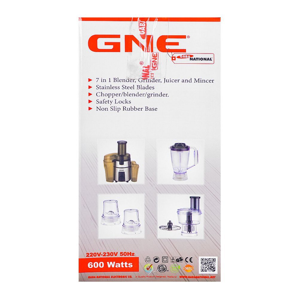Gaba National 7-In-1 Food Processor, 600W, GNE-924/23 DLX - Image 2