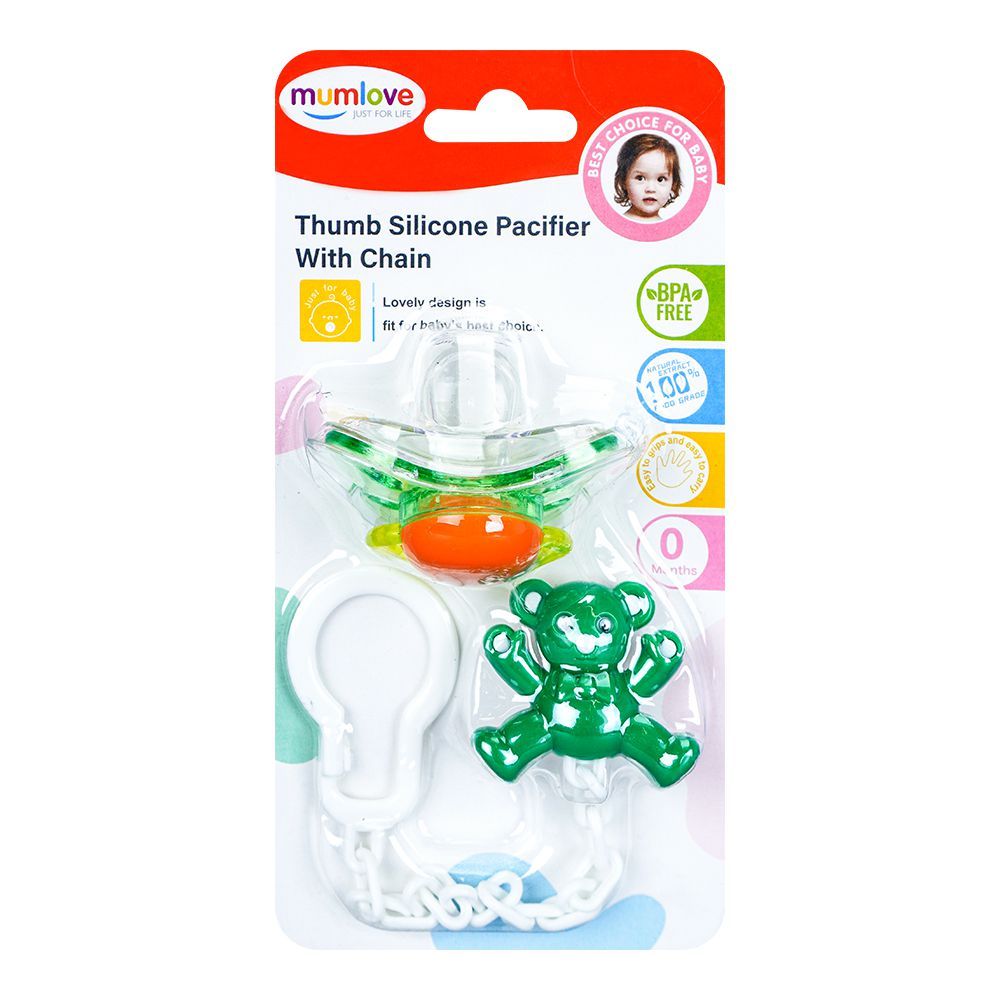 Mum Love Thumb Silicone Pacifier With Chain, Green, P1039 - Main Image