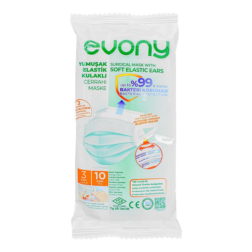 Evony Surgical Mask With Soft Elastic Ears & 3 Layers, 10-Pack - Main Image