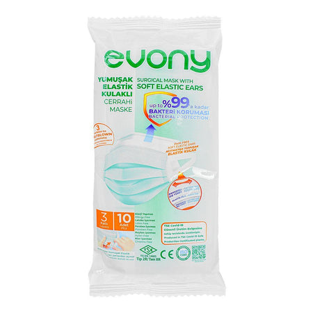 Evony Surgical Mask With Soft Elastic Ears & 3 Layers, 10-Pack - Main Image