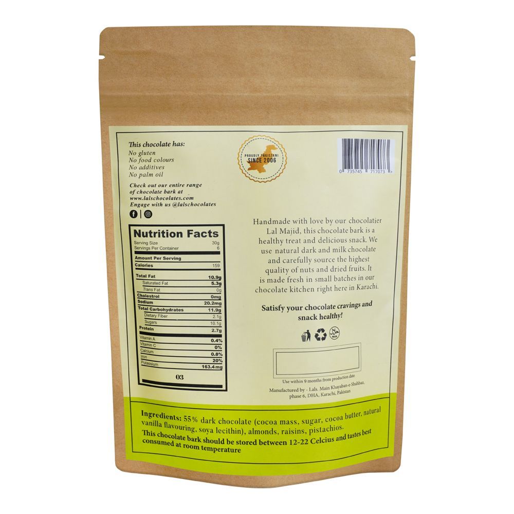 Lals Chocolate Raisin, Pistachio & Almond Dark Chocolate Pouch, 150g - Image 2