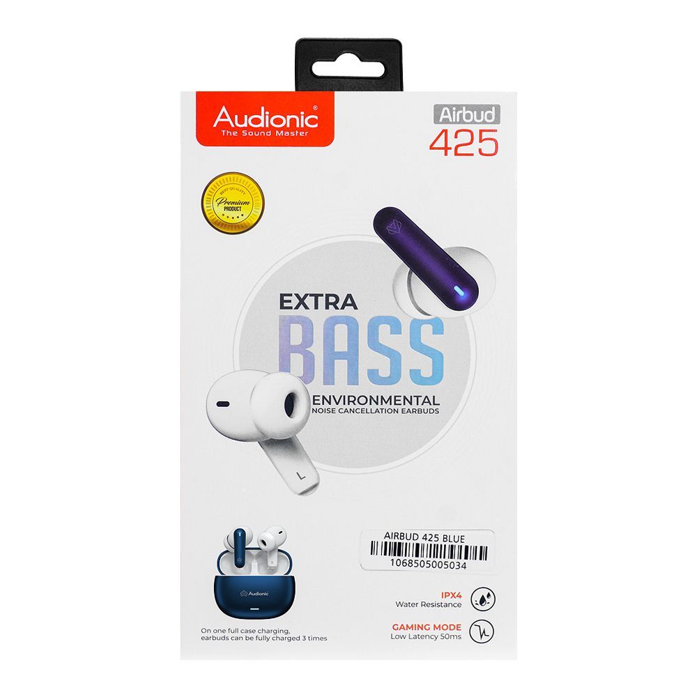 Audionic Quad Mic ENC Environmental Noise Cancellation Wireless Earbuds Airbud-425, Blue - Image 3