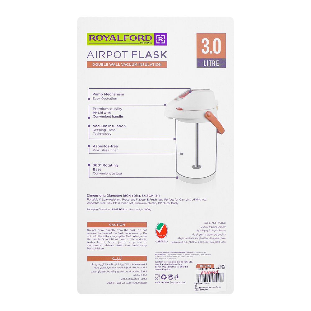 Royalford Airpot Vacuum Flask, Hot & Cold, 3000ml Capacity, RF12148 - Image 2