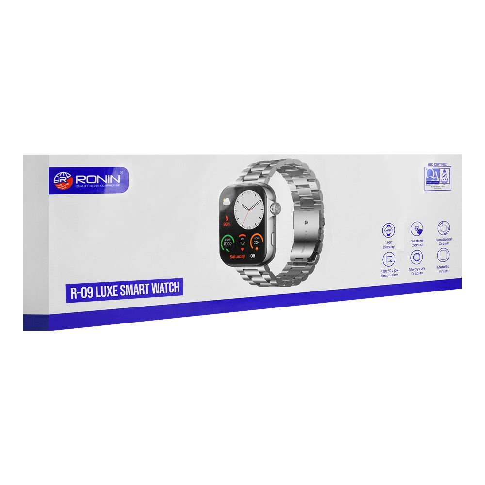 Ronin R-09 Luxury Smart Watch, 1.96" Always On Amoled Display, Silver Dial and Chain +1 Free Black Silicon Strap - Image 2