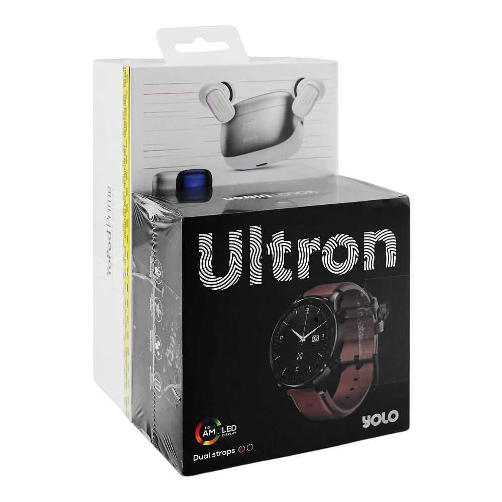 Yolo 1.43 Inch Super Amoled Display Ultron Smart Watch, IP67 Water Resistance, Dual Straps, Black & Brown, With Y-603 YoPod Prime True Wireless Earbuds - Main Image