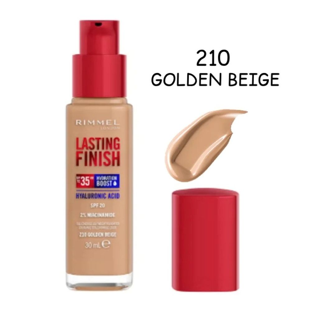 Rimmel Lasting Finish Up to 35H Hydration Boost Foundation, Hyaluronic Acid, SPF20, 2% Niacinamide, 210 Golden Beige, 30ml - Main Image