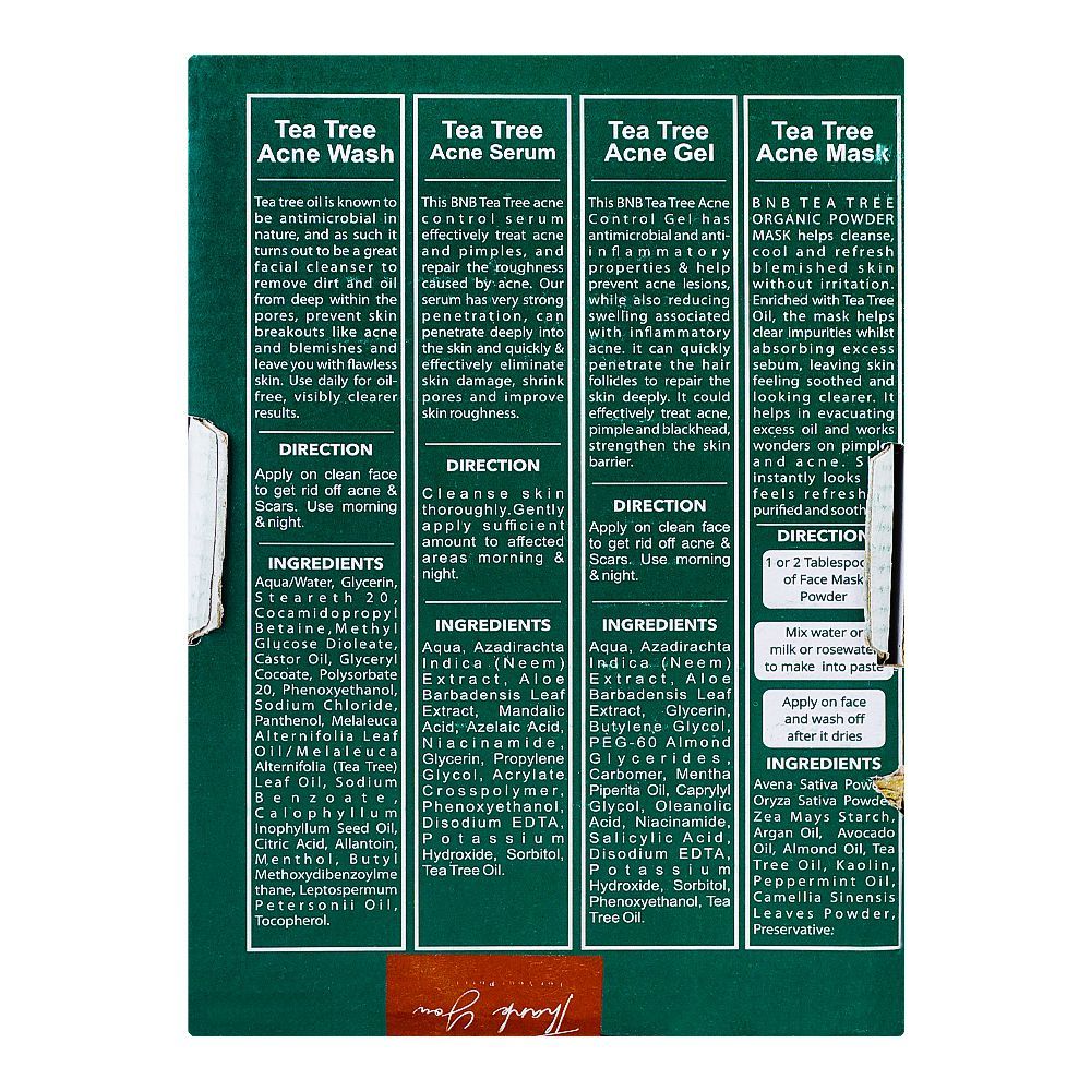 BNB Organic Tea Tree Acne Control Kit, Serum, Face Wash, Gel, Mask - Image 2