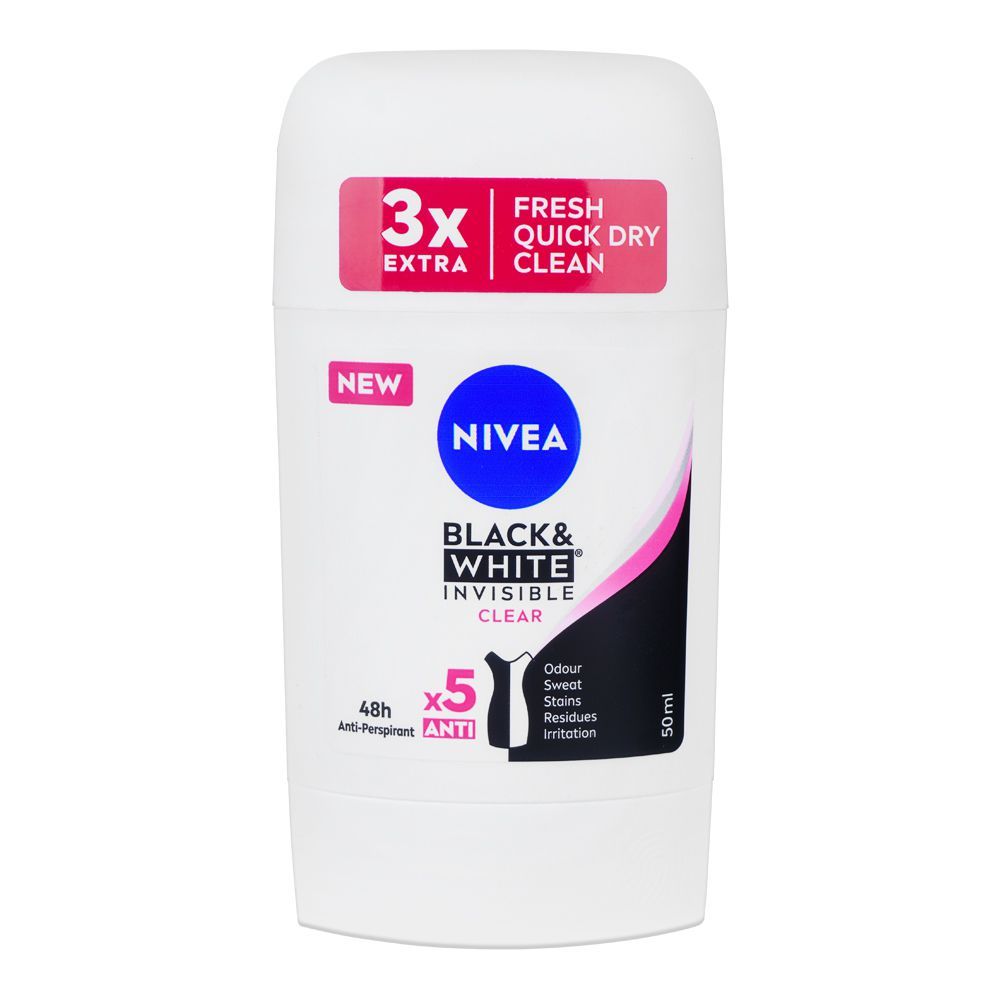 Nivea Black & White Invisible Clear, 48H Deodorant Stick, 50ml - Main Image