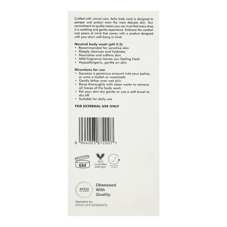 Atco Life Sciences Xelio Neutral Body Wash, Hypoallergenic For Dry & Sensitive Skin, 180ml - Image 3