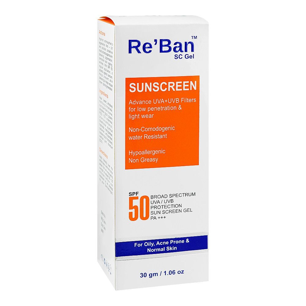 Re Ban Sunscreen Gel, SPF 50, UVA/UVB, Waterproof, Non-Comedogenic, For Oily Acne Prone & Normal Skin, 30g - Main Image