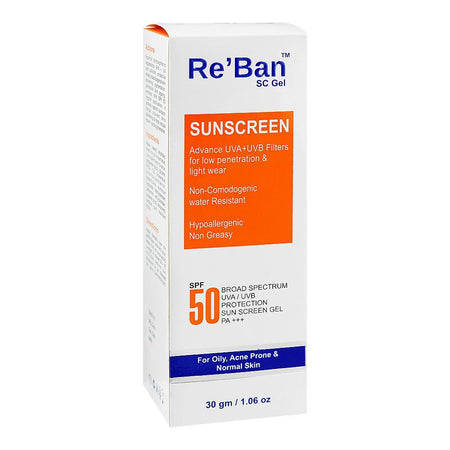 Re Ban Sunscreen Gel, SPF 50, UVA/UVB, Waterproof, Non-Comedogenic, For Oily Acne Prone & Normal Skin, 30g - Main Image