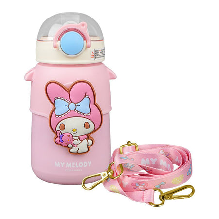 Melody Plastic Thermos Cup Cute Water Bottle With Straw & Strap, Leakproof, Pink, 8075B - Main Image