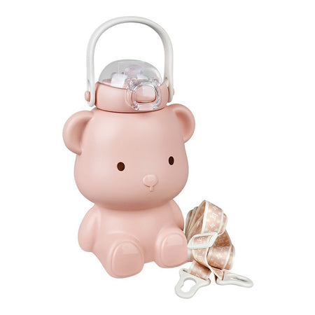 Bear Plastic Thermos Cup Water Bottle With Straw & Strap, Pink, 450ml Capacity, 6417B - Image 3