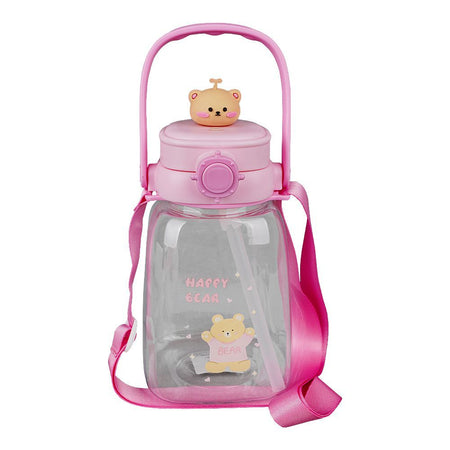 Happy Bear Plastic Water Bottle With Strap, Pink, TQ1022 - Main Image