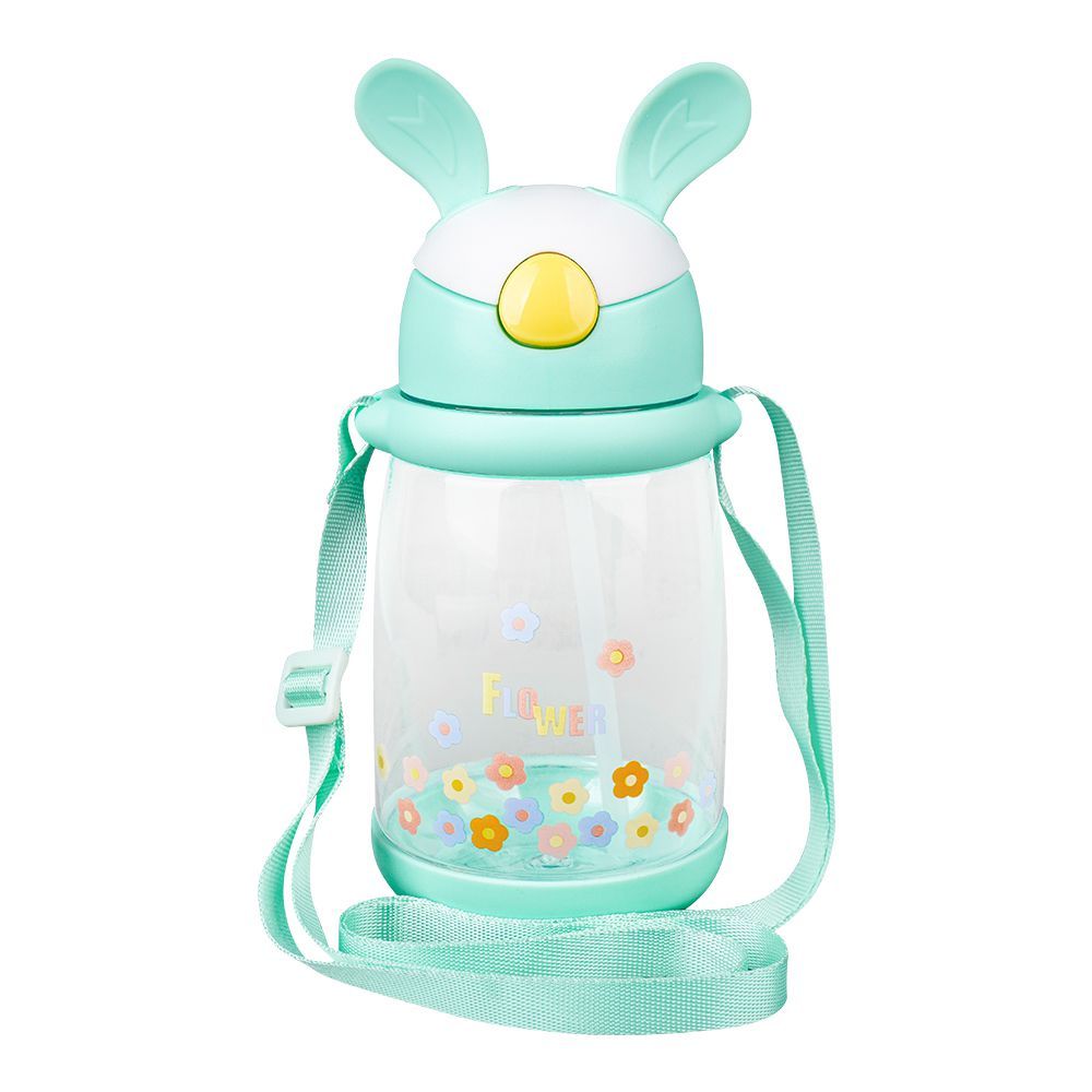 Rabbit & Floral Plastic Water Bottle With Strap, 600ml Capacity, Blue, LY-271 - Main Image