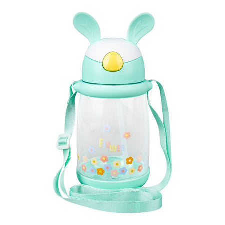 Rabbit & Floral Plastic Water Bottle With Strap, 600ml Capacity, Blue, LY-271 - Main Image