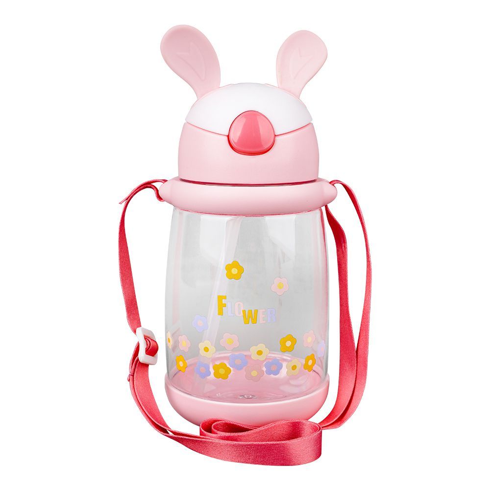 Rabbit & Floral Plastic Water Bottle With Strap, 600ml Capacity, Pink, LY-271 - Main Image