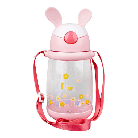 Rabbit & Floral Plastic Water Bottle With Strap, 600ml Capacity, Pink, LY-271 - Main Image