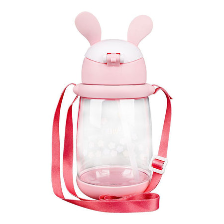 Rabbit & Floral Plastic Water Bottle With Strap, 600ml Capacity, Pink, LY-271 - Image 2
