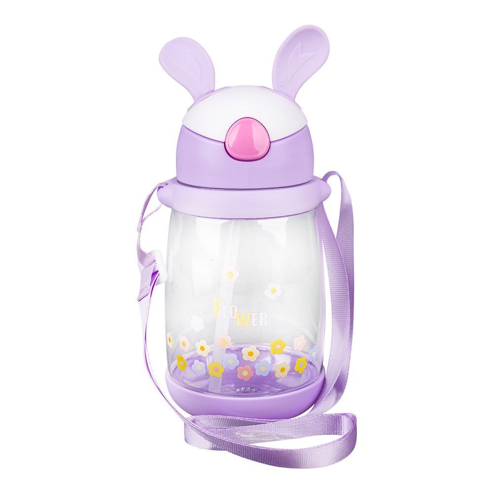 Rabbit & Floral Plastic Water Bottle With Strap, 600ml Capacity, Purple, LY-271 - Main Image