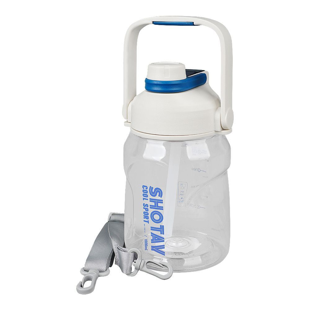 Shotay Cool Sport Plastic Water Bottle With Strap, 1000ml Capacity, White, ST-7305 - Main Image