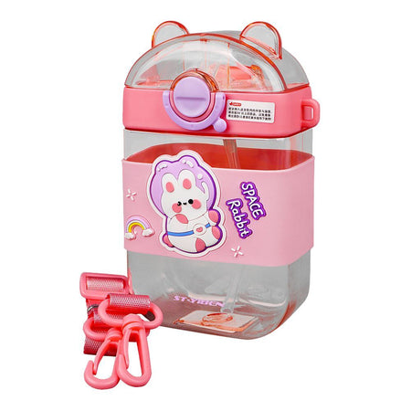 Space Rabbit Plastic Water Bottle With Strap, Pink, YB0773 - Main Image