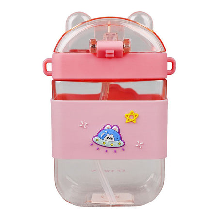 Space Rabbit Plastic Water Bottle With Strap, Pink, YB0773 - Image 2
