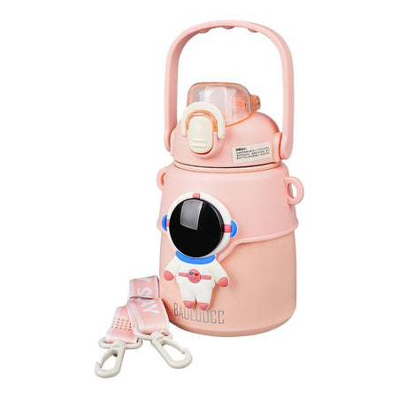 Astronaut Plastic Vacuum Thermos Cup With Strap & Handle, 850ml, Leakproof, Pink, XW8673 - Main Image