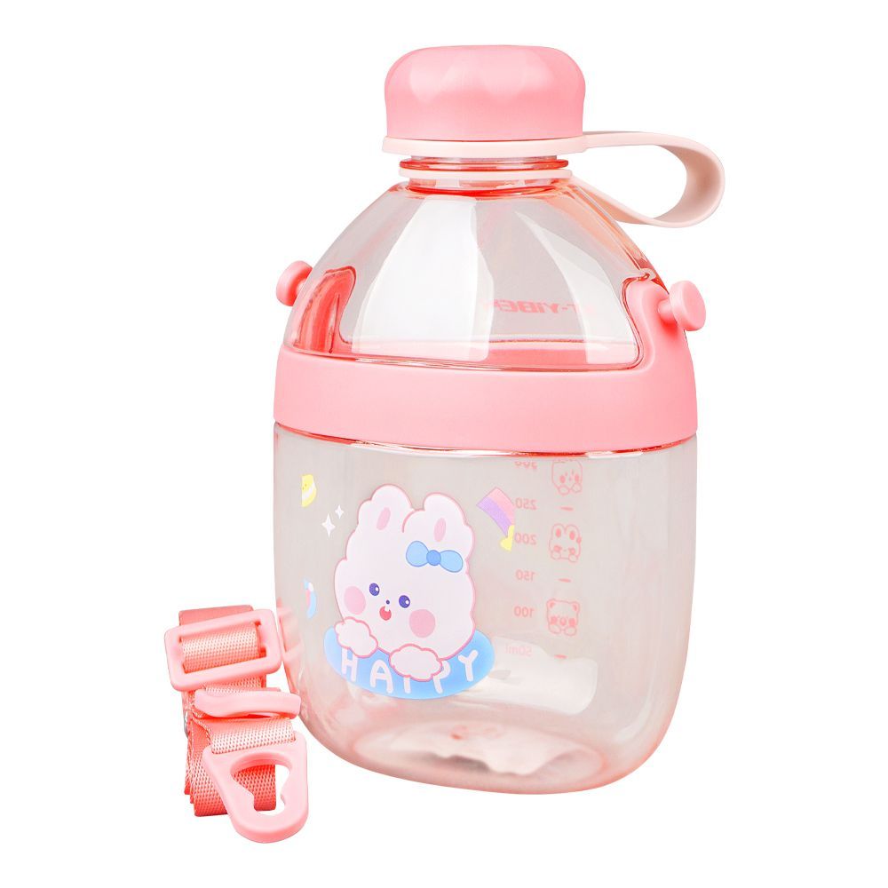 Cute Cartoon Plastic Water Bottle With Strap & Robe, 650ml, Leakproof, Pink, YB0738 - Main Image