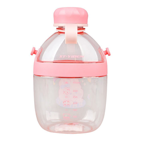 Cute Cartoon Plastic Water Bottle With Strap & Robe, 650ml, Leakproof, Pink, YB0738 - Image 2