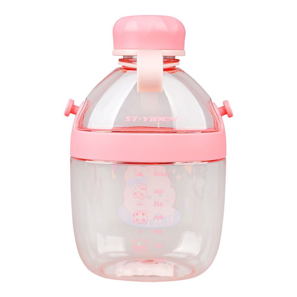 Cute Cartoon Plastic Water Bottle With Strap & Robe, 650ml, Leakproof, Pink, YB0738 - Image 2