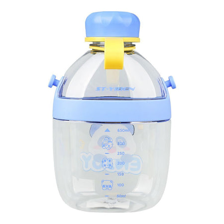 Cute Cartoon Plastic Water Bottle With Strap & Robe, 650ml, Leakproof, Blue, YB0738 - Image 2