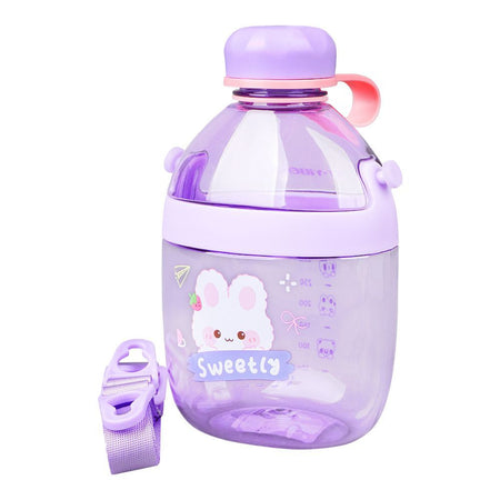 Cute Cartoon Plastic Water Bottle With Strap & Robe, 650ml, Leakproof, Purple, YB0738 - Main Image