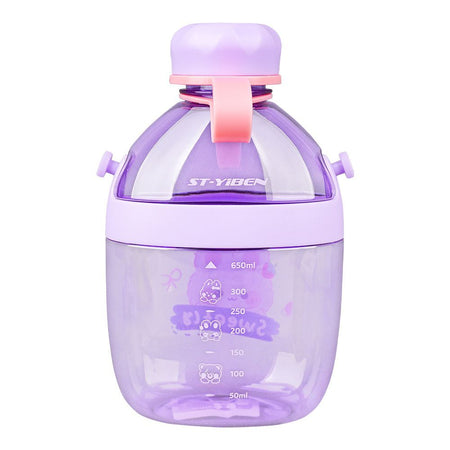 Cute Cartoon Plastic Water Bottle With Strap & Robe, 650ml, Leakproof, Purple, YB0738 - Image 2