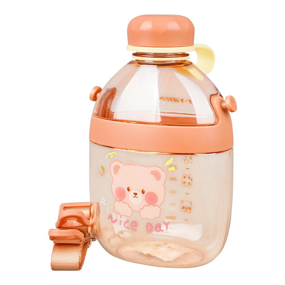 Cute Cartoon Plastic Water Bottle With Strap & Robe, 650ml, Leakproof, Light Brown, YB0738 - Main Image