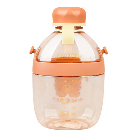 Cute Cartoon Plastic Water Bottle With Strap & Robe, 650ml, Leakproof, Light Brown, YB0738 - Image 2