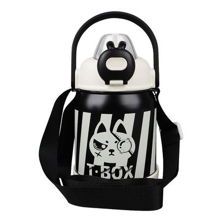 Cartoon 316 Stainless Steel Thermos Cup With Strap & Straw, Leakproof, Black, 700ml Capacity, NYB2022073 - Main Image