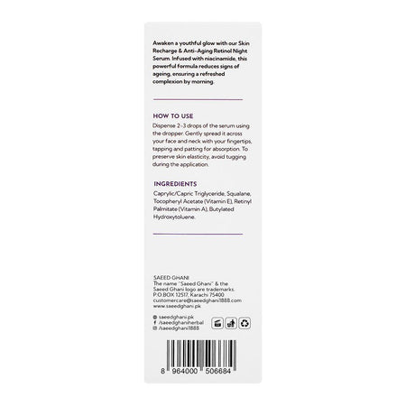 Saeed Ghani Skin Recharge & Anti Aging Retinol Night Serum, 30ml Image 2