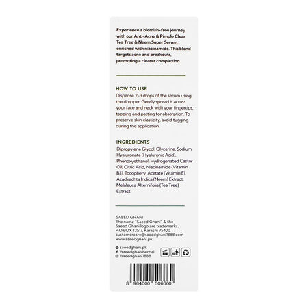 Saeed Ghani Anti-Acne And Pimple Clear Tea Tree & Neem Super Serum, 30ml Image 2