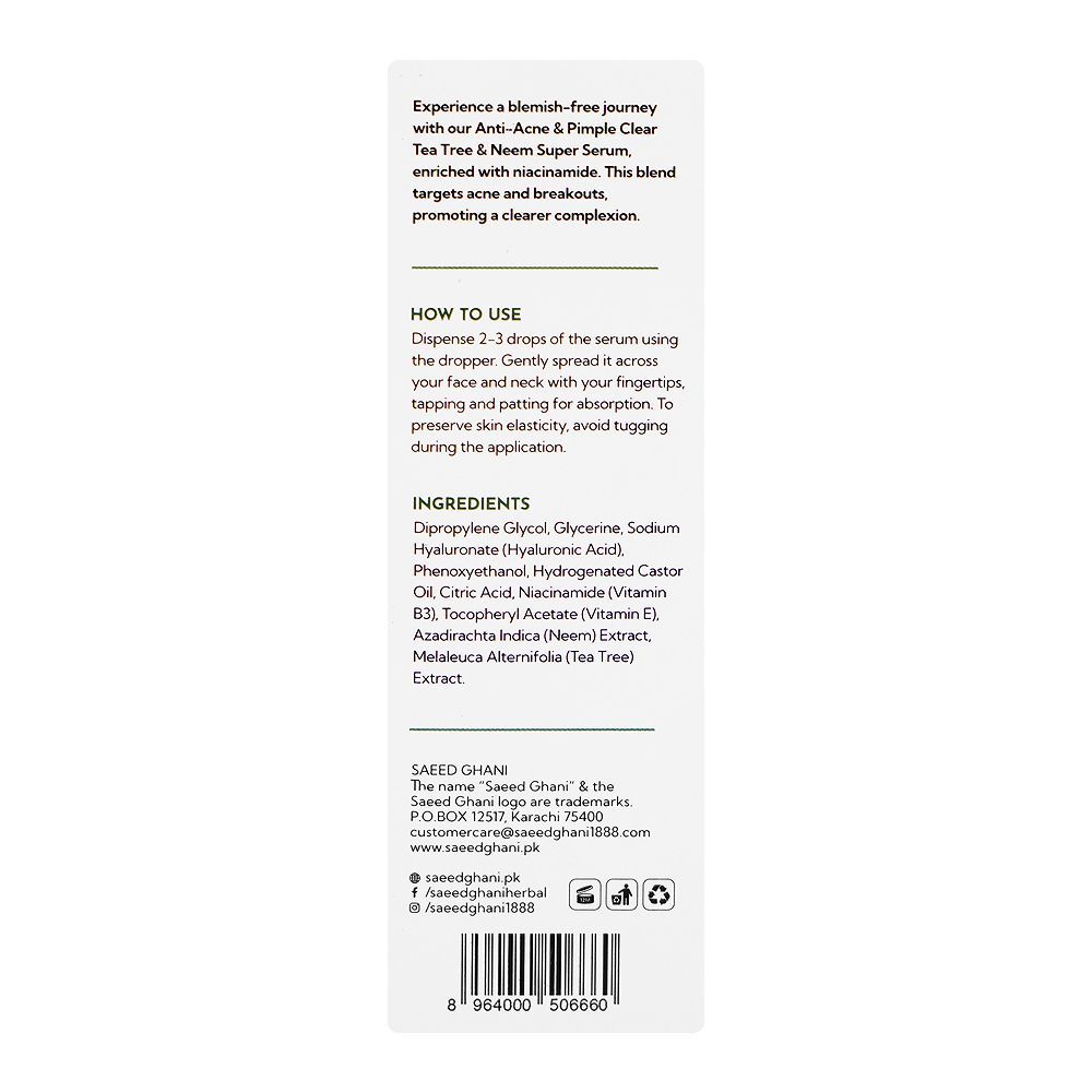 Saeed Ghani Anti-Acne And Pimple Clear Tea Tree & Neem Super Serum, 30ml - Image 2