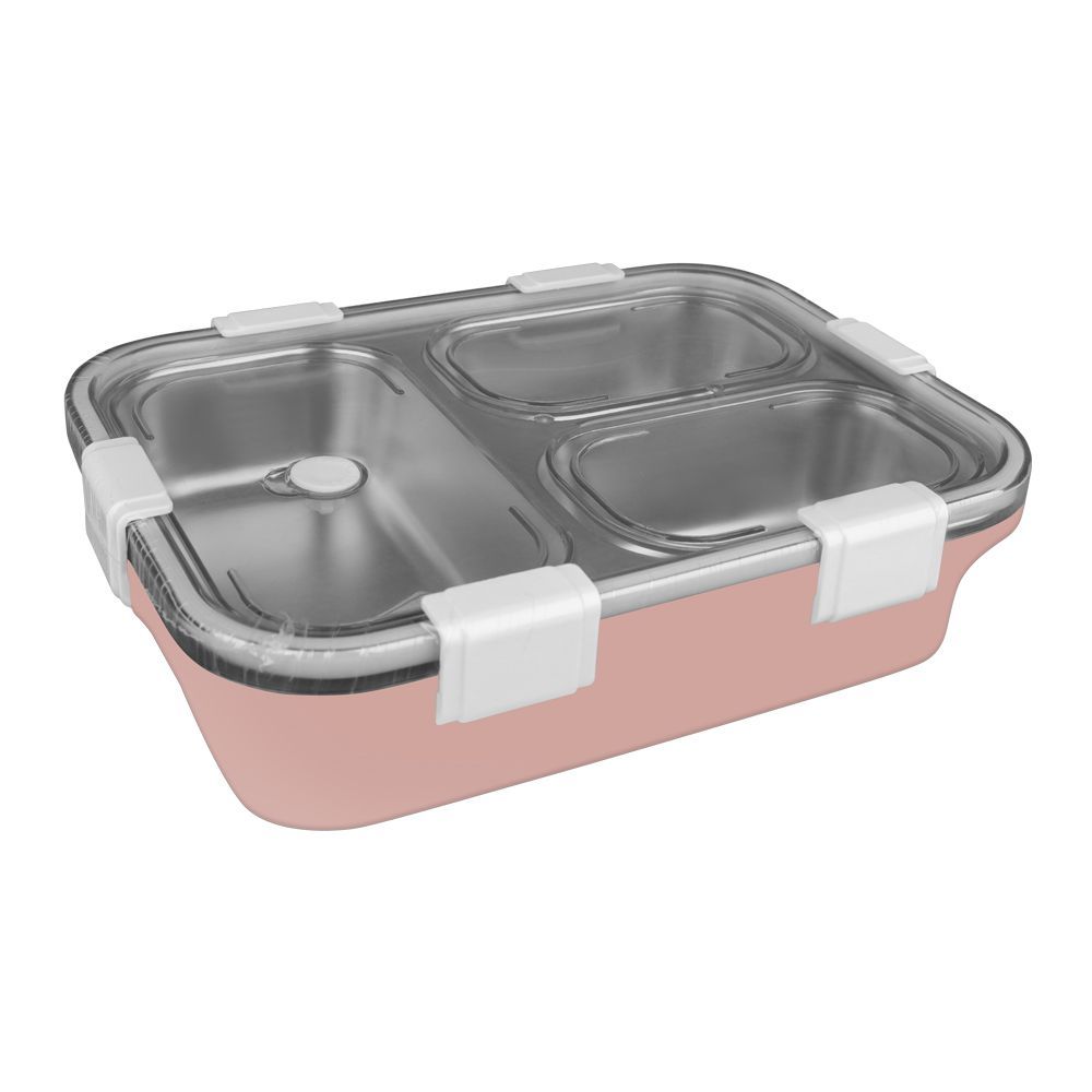 Stainless Steel Lunch Box, 3 Compartments, Spoon & Chop Stick, 400ml, Pink, 7.1in (H) x 4.5in (W) x 2in (D), 7059 - Main Image