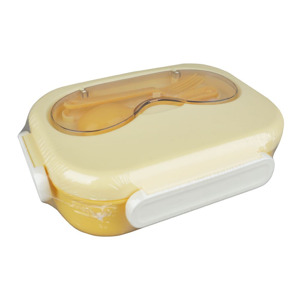 Plastic Snap Lock Lunch Box, 3 Compartments, Spoon & Fork, 1200ml, Yellow, 5.9in (H) x 3.3in (W) x 2in (D), 25451 - Main Image