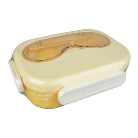 Plastic Snap Lock Lunch Box, 3 Compartments, Spoon & Fork, 1200ml, Yellow, 5.9in (H) x 3.3in (W) x 2in (D), 25451 - Main Image