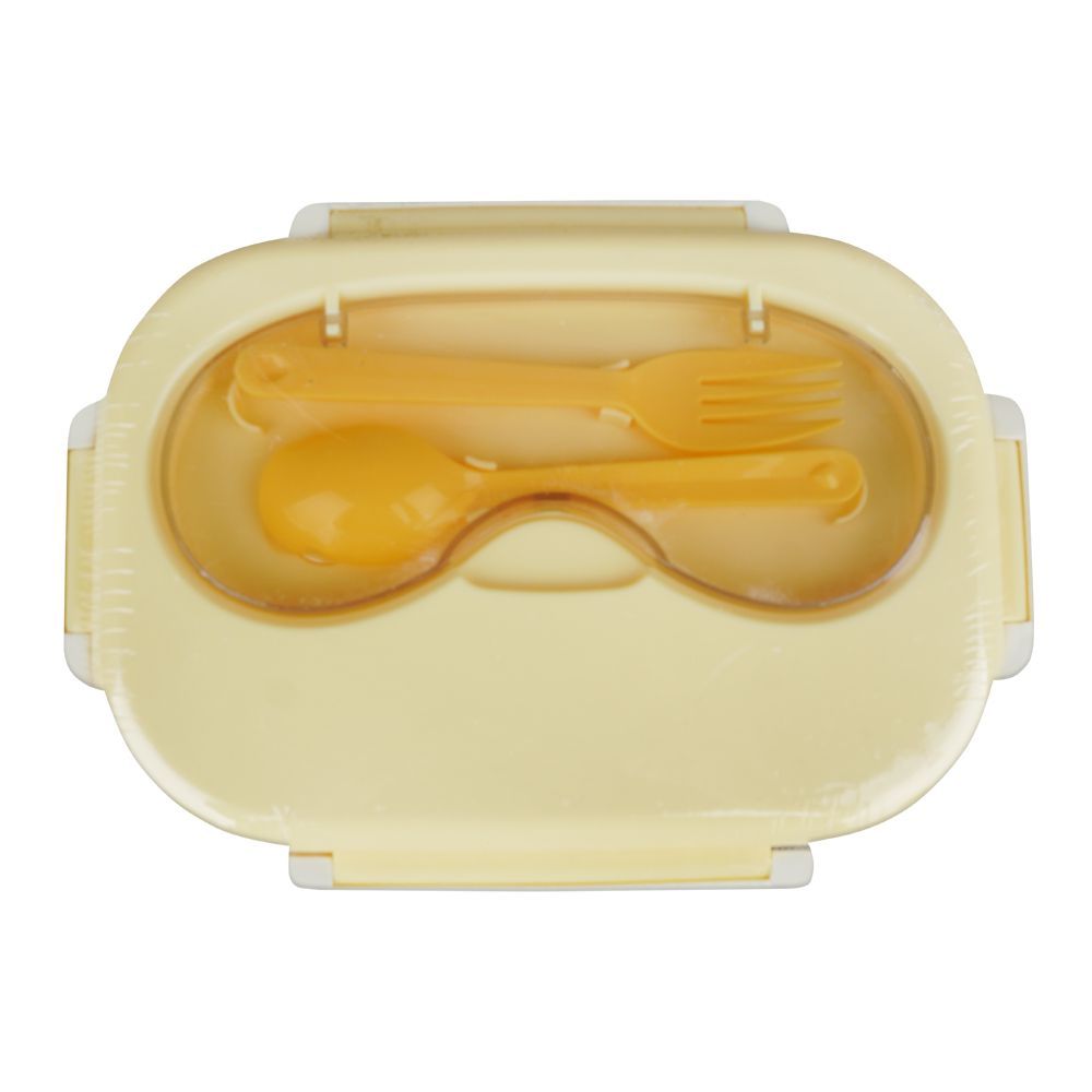 Plastic Snap Lock Lunch Box, 3 Compartments, Spoon & Fork, 1200ml, Yellow, 5.9in (H) x 3.3in (W) x 2in (D), 25451 - Image 2