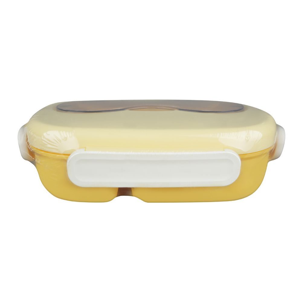 Plastic Snap Lock Lunch Box, 3 Compartments, Spoon & Fork, 1200ml, Yellow, 5.9in (H) x 3.3in (W) x 2in (D), 25451 - Image 3