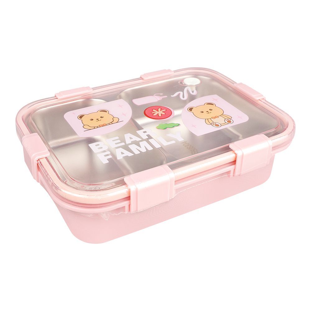 Stainless Steel Lunch Box, 2 Compartments & Cutlery, 850ml, Pink, 7.3in (H) x 4.9in (W) x 1.8in (D), 7087 - Main Image