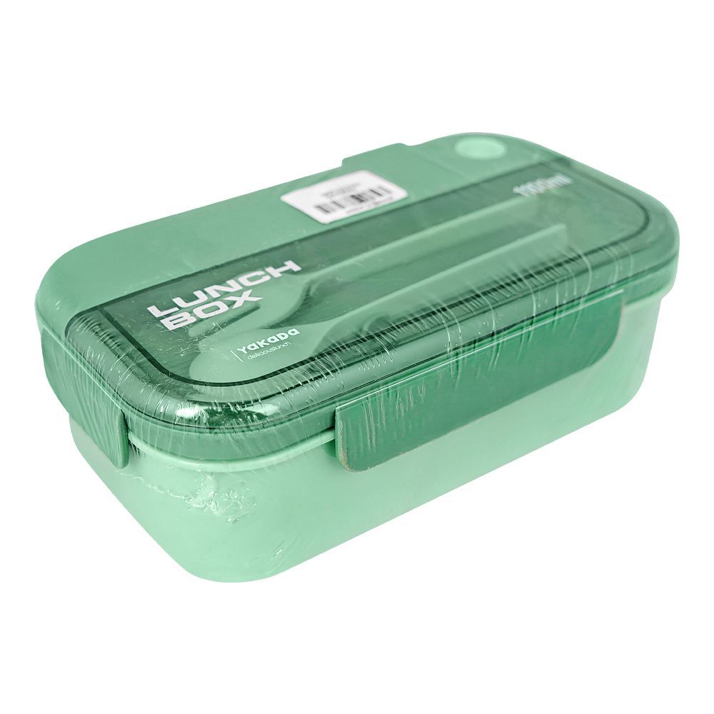 Plastic Lunch Box, 2 Compartments & Cutlery, 1100ml, Green, 6.5in (H) x 3.3in (W) x 2in (D), Yk0335 - Main Image